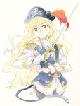 agahari alternate_costume blonde_hair cat_tail epaulettes glasses jolly_roger long_hair orange_eyes pantyhose perrine_h_clostermann pirate skull_and_crossed_swords solo strike_witches sword tail traditional_media weapon world_witches_series 