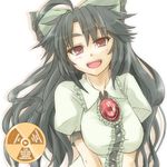  bad_id bad_pixiv_id black_hair bow breasts eyes green_bow hair_bow large_breasts long_hair mizukiri open_mouth red_eyes reiuji_utsuho smile solo touhou upper_body v_arms 