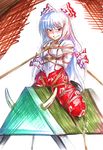  arms_behind_back bdsm blush bondage bound bow fujiwara_no_mokou grin hair_bow hair_ribbon highres long_hair pants red_eyes ribbon silver_hair smile solo sonjow4 touhou wooden_horse 