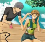  1girl brown_eyes brown_hair grey_hair narukami_yuu persona persona_4 pocari_sweat product_placement satonaka_chie short_hair suta_furachina sweat 