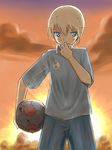  androgynous bad_id bad_pixiv_id ball blonde_hair blue_eyes brave_witches cloud dirty jersey nikka_edvardine_katajainen pants pc9656439 reverse_trap short_hair sky soccer_ball solo sun telstar world_witches_series 