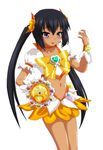  black_eyes black_hair blush bow choker cosplay cure_sunshine cure_sunshine_(cosplay) flower hair_flower hair_ornament hair_ribbon hayashiya_zankurou heart heartcatch_precure! highres instrument k-on! long_hair magical_girl midriff nakano_azusa navel orange_bow orange_choker orange_skirt precure ribbon shiny_tambourine skirt solo tambourine tan twintails white_background wristband yellow_bow 