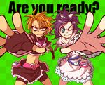  bike_shorts blue_eyes blue_hair brown_eyes brown_hair checkered checkered_background crazy_eyes cure_black cure_white elbow_gloves eyelashes futari_wa_precure gloves green_background grin heart long_hair magical_girl midriff misumi_nagisa multiple_girls one_eye_closed outstretched_hand precure red_eyes short_hair shorts shorts_under_skirt smile symmetry wince yukishiro_honoka 