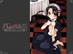  akira_(kaned_fools) angelica_derleth barefoot black_hair blush brown_eyes checkered checkered_floor highres long_hair maid maid_headdress navel shikkoku_no_sharnoth sitting solo steampunk_(liarsoft) twintails undressing wallpaper wariza 