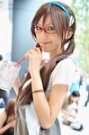  blue_eyes brown_hair chamaro cosplay drink drinking drinking_straw glasses hairband long_hair looking_at_viewer low_twintails makinami_mari_illustrious neon_genesis_evangelion photo red-framed_eyewear smile solo_focus twintails upper_body 