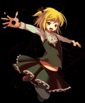  :p black_legwear blonde_hair darkness fang hair_ribbon ippongui jumping mary_janes outstretched_arms pantyhose red_eyes ribbon rumia shoes short_hair solo spread_arms tongue tongue_out touhou 