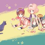  1girl animal_ears anya_alstreim bad_id bad_pixiv_id brown_hair cat code_geass kururugi_suzaku pechika pink_eyes pink_hair ribbon shorts thighhighs 