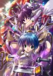  animal_ears armpits ass bent_over blue_hair blush christmas copyright_request crossed_arms elbow_gloves fur gloves green_eyes ground_vehicle komatsu_eiji lights mecha mecha_musume motor_vehicle motorcycle multiple_girls purple_eyes purple_hair sack tail thighhighs 