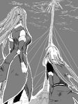  1girl back bad_id bad_pixiv_id cloud from_behind gloves greyscale jade_curtiss long_hair monochrome sky tales_of_(series) tales_of_the_abyss tayura tear_grants tower 