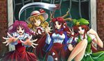  blonde_hair blue_eyes elly fighting_stance foreshortening gate gate_guard hands hong_meiling horns koto_tsubane multiple_girls pink_eyes pink_hair pointy_ears red_eyes red_hair sara_(touhou) scythe shingyoku touhou touhou_(pc-98) yellow_eyes 