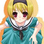  blonde_hair blush dress from_above hairband higurashi_no_naku_koro_ni houjou_satoko lowres red_eyes sailor_dress sakura_hanatsumi school_uniform short_hair solo 