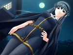  ascot bangs belt black_hair black_legwear breasts brooch building cape dress dutch_angle from_below frown full_moon game_cg hair_ribbon hairband hand_on_hip high_collar jewelry kimi_ga_aruji_de_shitsuji_ga_ore_de kuonji_shinra lace lace-trimmed_dress long_hair looking_at_viewer looking_down medium_breasts moon night night_sky outdoors pantyhose red_eyes ribbon shironeko_sanbou shirt short_dress sky solo standing taut_clothes taut_shirt tree window 