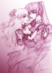  1girl carrying couple flower hair_flower hair_ornament hand_on_shoulder hetero long_hair macross macross_frontier monochrome ponytail princess_carry purple saotome_alto sheryl_nome shou_fuji sketch 