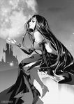  armor backless_outfit bare_shoulders black_hair boots castlevania castlevania:_order_of_ecclesia dress gothic greyscale high_heels long_hair monochrome moon muse_(rainforest) shanoa shoes solo thigh_boots thighhighs very_long_hair 