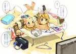  1girl bad_id bad_pixiv_id barefoot blonde_hair blue_eyes brother_and_sister clock clothes_hanger detached_sleeves hair_ornament hairclip headset kagamine_len kagamine_rin lying short_hair siblings sopra translated twins vocaloid 