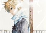  bangs black_jacket blonde_hair blue_scarf breath closed_mouth cold eyebrows_visible_through_hair eyelashes from_side green_eyes hakuseki half-closed_eyes jacket kagamine_len light_particles long_sleeves male_focus profile railing scarf solo upper_body vocaloid winter_clothes 