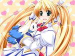  1girl blonde_hair cosplay game_cg hair_ribbon heart long_hair lyrical_nanoha mahou_shoujo_lyrical_nanoha oshiki_hitoshi ribbon solo suzunone_seven takamachi_nanoha takamachi_nanoha_(cosplay) takatori_yuzuri twintails 