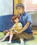  1girl bad_id bad_pixiv_id bobby_socks book brown_eyes brown_hair clannad closed_eyes dress feet glasses indian_style mutsuki_(moonknives) okazaki_naoyuki okazaki_ushio senior short_hair silver_hair sitting sitting_on_lap sitting_on_person socks 