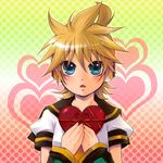  blonde_hair blue_eyes commentary_request detached_sleeves gift headset heart holding holding_gift kagamine_len male_focus necktie ribbon solo vocaloid yomorin 