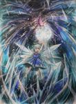  :o antenna_hair arm_up barefoot blue_eyes bow cirno crossover dress fighting_stance flat_chest hair_bow highres ice ice_wings icy_penguigo looking_at_viewer maikeru rockman rockman_x short_hair short_sleeves touhou traditional_media trait_connection v-shaped_eyebrows white_hair wings 