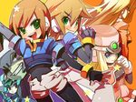  3girls aile bad_id bad_pixiv_id brown_hair fujitsuna girouette green_eyes multiple_boys multiple_girls pandora_(rockman) prairie prometheus rockman rockman_zx short_hair simple_background spandex vent 