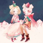  bad_id bad_pixiv_id belt blonde_hair blue_eyes cake cape copyright_request dress food food_themed_clothes fruit hat multiple_girls one_eye_closed pastry pechika pink_hair red_eyes ribbon short_hair strawberry thighhighs 