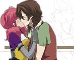  1girl bad_id bad_pixiv_id blush brown_hair chiroru_shimai closed_eyes couple elbow_gloves feldt_grace gloves gundam gundam_00 hetero kiss lockon_stratos pink_hair vest 