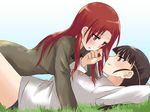  black_eyes black_hair blush couple girl_on_top grass highres kanata_(sentiment) long_hair lying minna-dietlinde_wilcke multiple_girls on_back red_eyes red_hair sakamoto_mio strike_witches world_witches_series yuri 