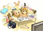  1girl bad_id bad_pixiv_id barefoot bed blonde_hair blue_eyes brother_and_sister cellphone clock clothes_hanger controller detached_sleeves hair_ornament hairclip headset kagamine_len kagamine_rin lying phone remote_control ribbon short_hair siblings sopra twins vocaloid 