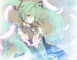  aqua_hair blue_eyes detached_sleeves feathers hatsune_miku headset long_hair lowres necktie ooki_bonta skirt solo twintails very_long_hair vocaloid 