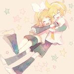  1girl bad_id bad_pixiv_id blonde_hair brother_and_sister chibi detached_sleeves hair_ornament hairclip hug kagamine_len kagamine_rin necktie pechika ribbon short_hair shorts siblings smile twins vocaloid yellow_neckwear 