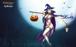  artist_request eudemons halloween hat jack-o'-lantern moon pumpkin skull solo staff thighhighs wallpaper wand witch witch_hat 