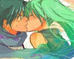  1girl bad_id bad_pixiv_id blue_hair closed_eyes face-to-face from_side green_hair hatsune_miku hetero kaito kiss long_hair looking_at_another lowres scarf short_hair surprised sweat uni_(gumin) upper_body vocaloid 