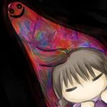  black_background brown_hair closed_eyes dark glowing glowing_eyes hand_on_another's_head kyukkyu-kun madotsuki petting shimo_(depthbomb) smile yume_nikki 