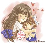  &gt;_&lt; bad_id bad_pixiv_id brown_eyes brown_hair clannad closed_eyes heart hug ibuki_fuuko long_hair multiple_girls okazaki_ushio short_hair spoken_heart yui_(daijun) 