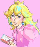  blonde_hair blue_eyes crown earrings famicom_cartridge game_cartridge jewelry jojo_no_kimyou_na_bouken kazaana long_hair mario_(series) nail_polish parody pink_nails princess_peach solo super_mario_bros. 