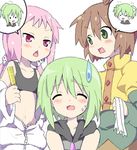  bad_id bad_pixiv_id closed_eyes comb green_hair hair_ornament hair_ribbon hairdressing kl-chan maruki_(punchiki) mono_(character) multiple_girls open_mouth original pink_eyes pink_hair ponytail punchiki_(character) ribbon short_twintails sweat sweatdrop triangle_mouth twintails 