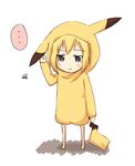  1girl :t barefoot blonde_hair blue_eyes chibi cosplay costume erica_hartmann full_body gen_1_pokemon kanata_(sentiment) pikachu pikachu_(cosplay) pokemon pout short_hair simple_background solo squiggle standing strike_witches white_background world_witches_series 