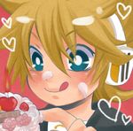  bad_id bad_pixiv_id blonde_hair blue_eyes cake food fruit headset heart kagamine_len lowres male_focus pastry solo strawberry vocaloid yomorin 
