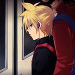  blonde_hair blue_eyes chikan crossover earphones kagamine_len kagamine_len_no_yuuutsu_(vocaloid) male_focus mario molestation multiple_boys school_uniform train_interior vocaloid yaoi yomorin you_gonna_get_raped 