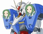  2girls churuya green_hair gundam gundam_00 helmet long_hair machinery multiple_girls parody porinkii simple_background solid_circle_eyes suzumiya_haruhi_no_yuuutsu upper_body what white_background 