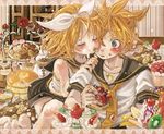  1girl banana bass_clef blonde_hair blue_eyes blush brother_and_sister cake checkerboard_cookie cherry cookie cup doughnut eating feast flower food food_on_face fruit hair_ribbon kagamine_len kagamine_rin kiwifruit licking macaron pancake pastry pink_flower pink_rose red_flower red_rose ribbon rose ruuko_(artist) short_hair siblings stack_of_pancakes strawberry syrup tea teacup tiered_tray twins vocaloid 