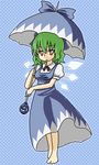  1girl barefoot bow cirno cirno_(cosplay) cosplay green_hair kazami_yuuka kujira_lorant red_eyes short_hair solo touhou umbrella wings 