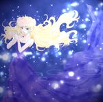  bare_shoulders blonde_hair collarbone dress floating_hair gem jewelry long_hair looking_at_viewer macross macross_frontier necklace own_hands_together pendant sheryl_nome shou_fuji solo standing strapless strapless_dress very_long_hair wavy_hair wind 