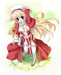  blonde_hair blue_eyes cross flower hair_flower hair_ornament hat high_priest long_hair paco ragnarok_online solo thighhighs very_long_hair white_legwear 