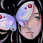  artist_request black_hair blue_eyes bug butterfly close-up copyright_request insect lips lowres oekaki solo 