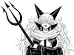  breasts candle cloak crossed_arms earrings greyscale hair_over_eyes horns jewelry large_breasts long_hair minarai monochrome one_piece polearm sadi-chan solo tongue trident very_long_hair weapon 