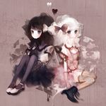  bad_id bad_pixiv_id black_eyes black_hair chibi dress gloves heart long_hair multiple_girls original pechika ribbon thighhighs white_hair 