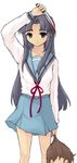  1girl asakura_ryouko blood blue_eyes blue_hair kita_high_school_uniform knife long_hair rohto school_uniform serafuku suzumiya_haruhi_no_yuuutsu taniguchi 