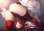  ass blush bodysuit boots breasts cleavage final_fantasy final_fantasy_tactics head_wings hijiri large_breasts leotard navel open_mouth pussy_juice red_eyes red_legwear red_leotard short_hair solo thigh_boots thighhighs top-down_bottom-up ultima_(fft) white_hair white_wings wings 